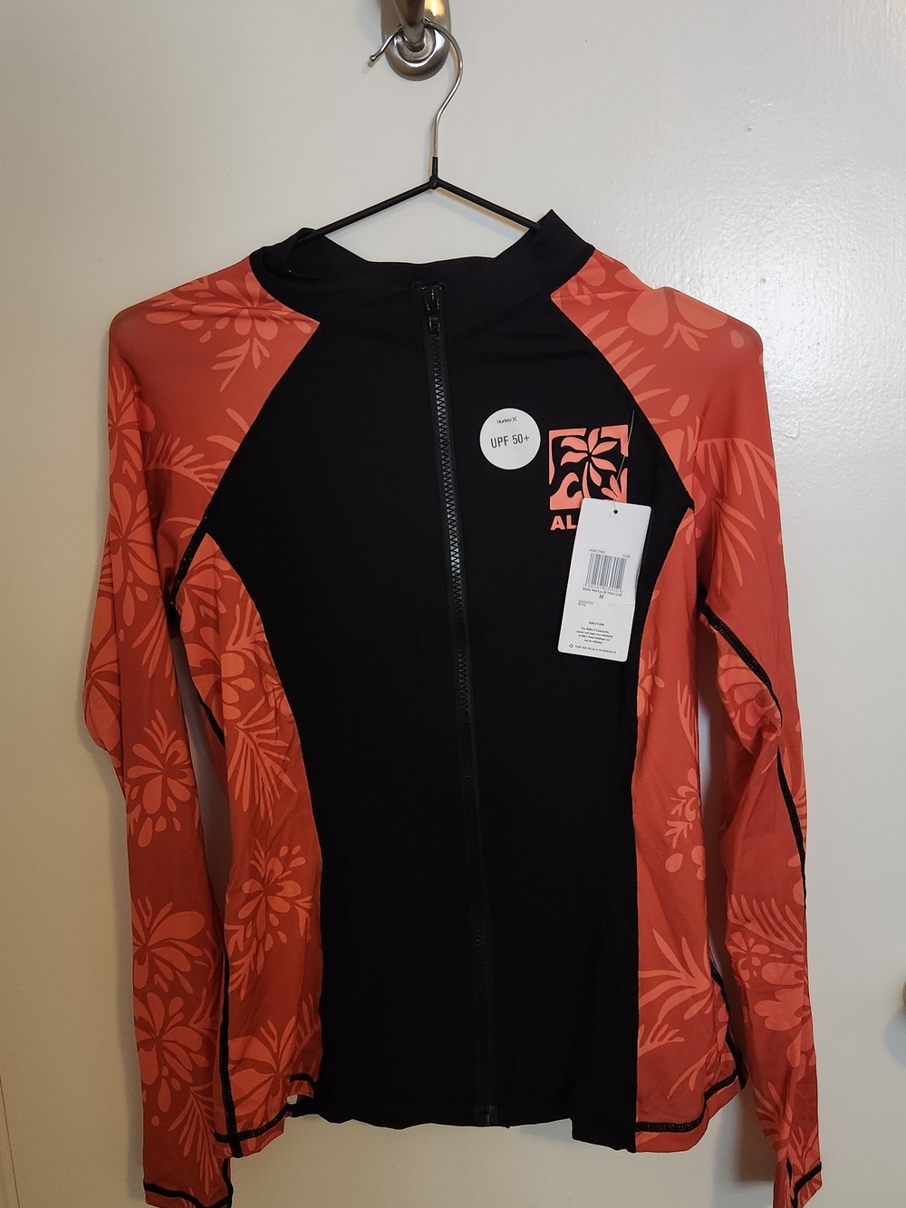 Hurley Tropical Long-Sleeve Zip One-Piece Rash Guard - Black & Coral Floral